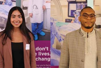 A collage of two photos, featuring two students standing in front of healthcare pop-up banners