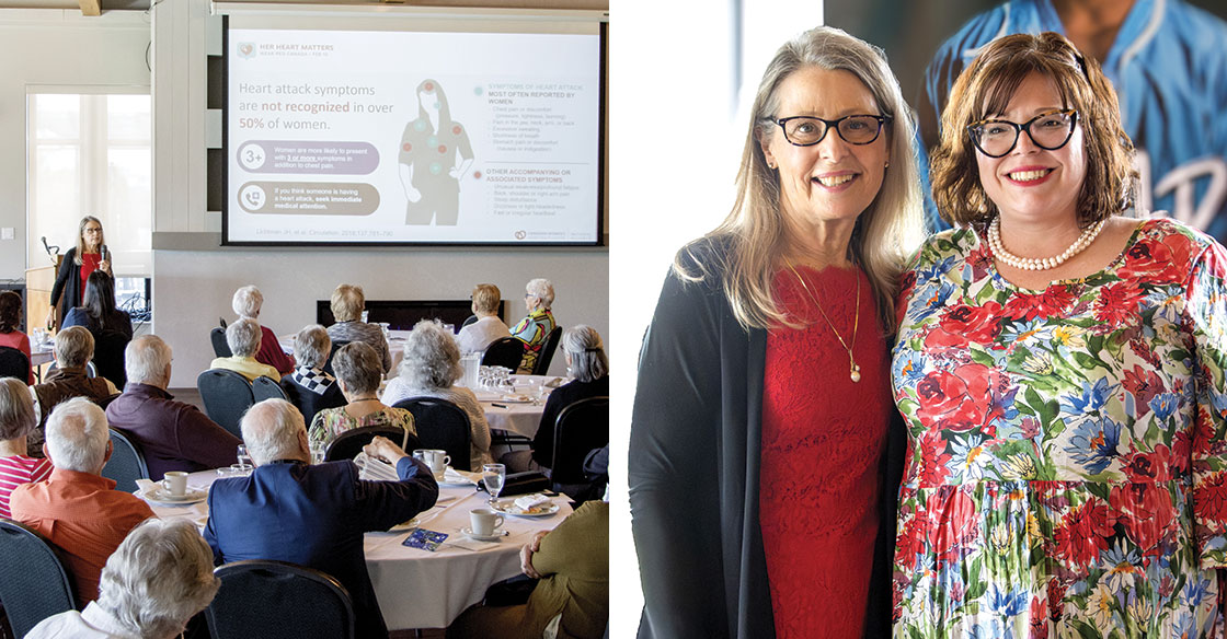 Collage of photos, including Dr. Mulvagh speaking to a packed room of guests and standing alongside patient ambassador, Nicole Nickerson