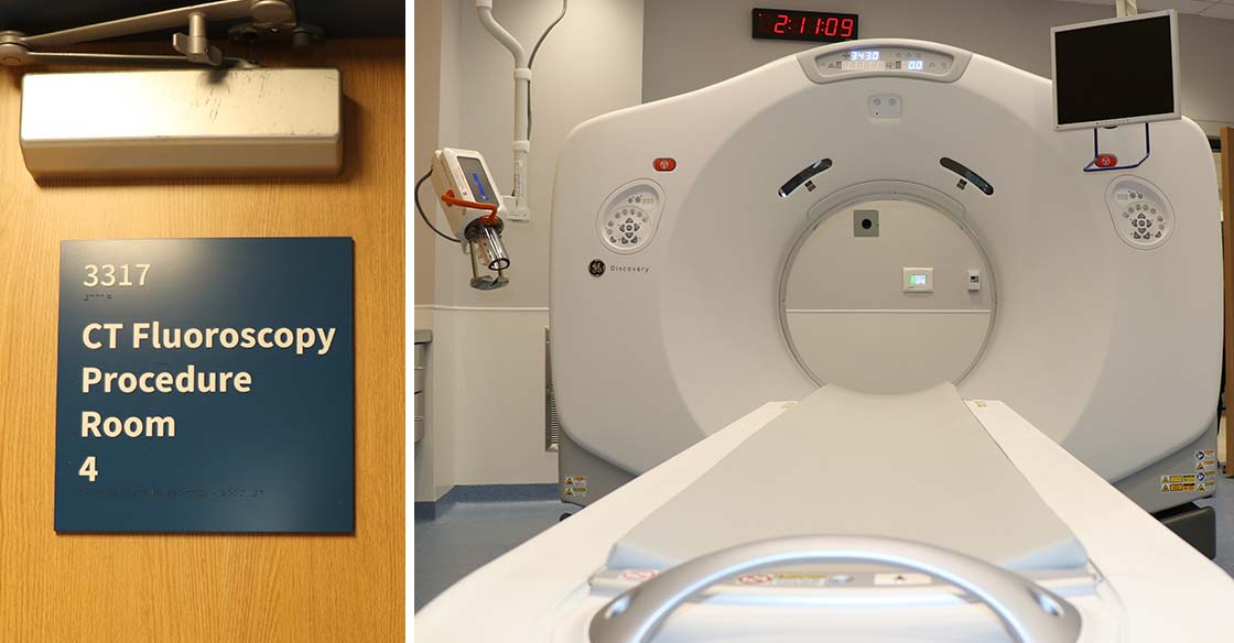 First image in collage is a blue door sign reading 'CT Fluoroscopy Procedure Room' and the second image is the large, white CT fluoroscopy machine