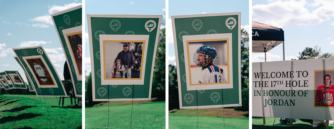 Pictured: Photos of signage featured at Hole 17, depicting Jordan as a child