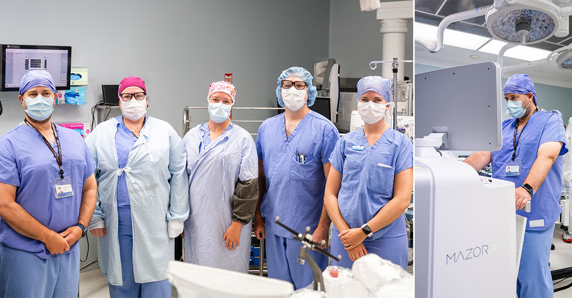 Collage of two images; one featuring a surgical team wearing scrubs in the operating room, and the other features a neurosurgeon standing over a surgical robot console