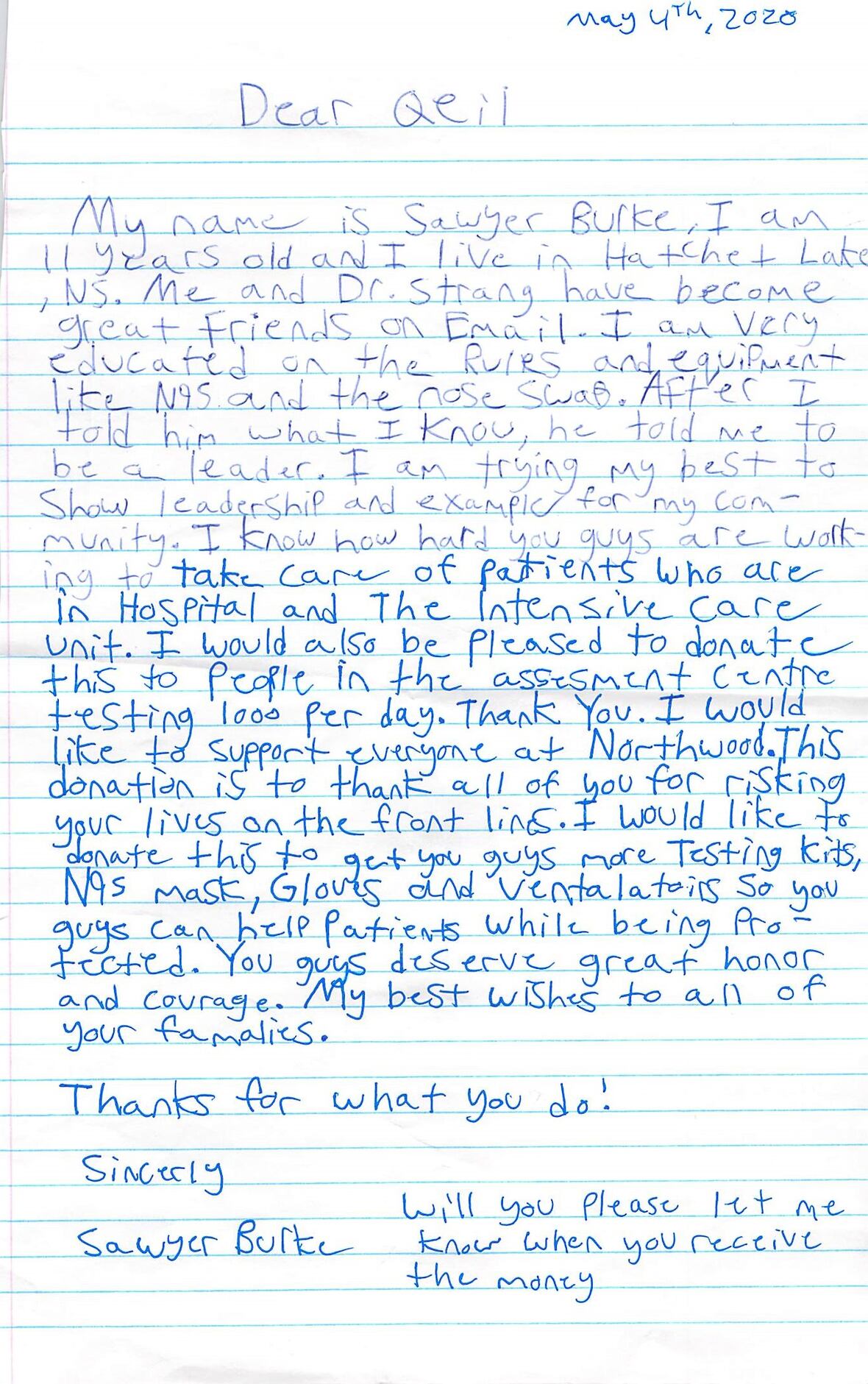 Sawyer Burke has spent his free time writing thank you letters to health-care workers and provincial leaders. (QEII Foundation)