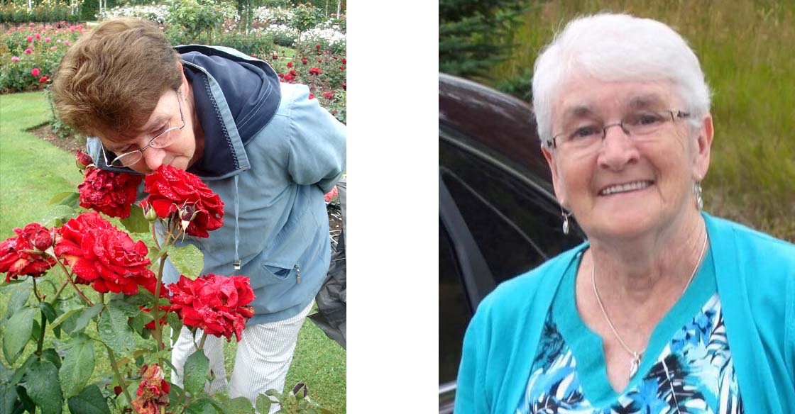 A photo of Loretta leaning over to smell a red rose and a smiling photo of Loretta wearing a blue cardigan 