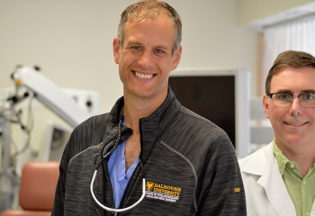 Dr. Matthew Rigby (left), QEII head and neck oncology surgeon, and Dr. Martin Bullock (right), QEII pathologist, are working to improve outcomes for throat cancer patients with the help of a QEII Foundation Translating Research Into Care grant. (QEII FOUNDATION)