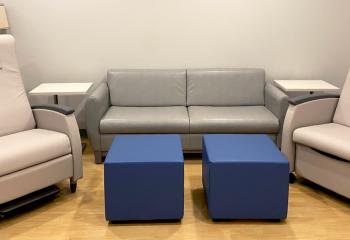 New beige and blue furniture in the IMCU family room 