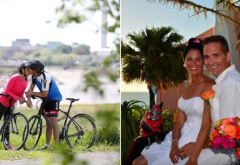 Two-photo collage featuring Jennifer and her husband, Darren. First photo is them cycling, sharing a kiss. The second photo is a wedding photo, showing them on their wedding day.