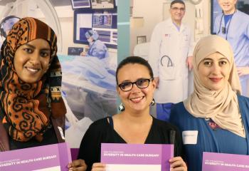 Three women stand against a healthcare backdrop holding QEII Foundation Diversity in Health Care Bursary certificates