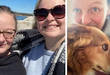 Collage of images, first shot is the patient standing next her daughter at Peggy's Cove; the second image she's posing with her golden dog