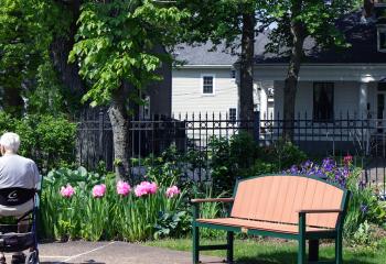 A veteran in a wheelchair enjoys the outdoors by a bench in a garden