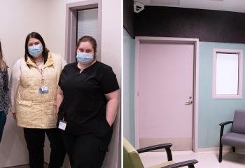 Collage of care providers standing in new suites; and an image showing a treatment room with bright colours and chairs