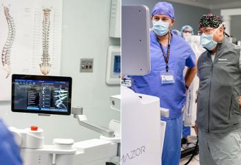 Teams pictured with the QEII's spinal robot technology in the operating room