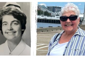 Evelyn's nursing grad photo (right) and Evelyn in 2024
