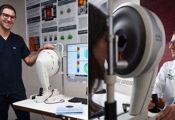 Collage of Dr. Pollman, pictured with Oculus Pentacam eye care technology