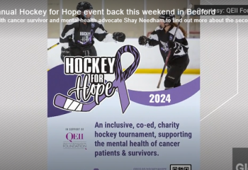 Snapshot of news program showing Hockey for Hope poster on-screen