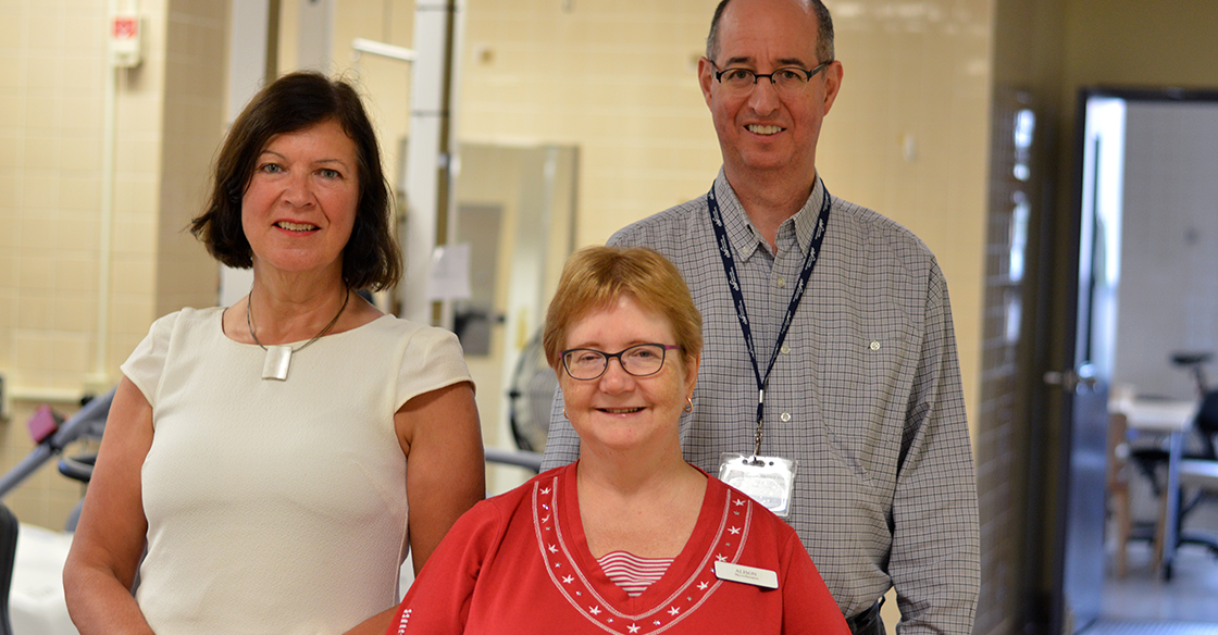Marilyn MacKay-Lyons (left), Dalhousie University physiotherapy professor and QEII affiliate scientist, Alison McDonald (front), QEII physiotherapist, and Richard Braha (right), program manager of the QEII’s acquired brain injury services, started the Aerobic Screening and Prescription clinic for stroke patients, with funding from a 2014 QEII Foundation Translating Research Into Care grant