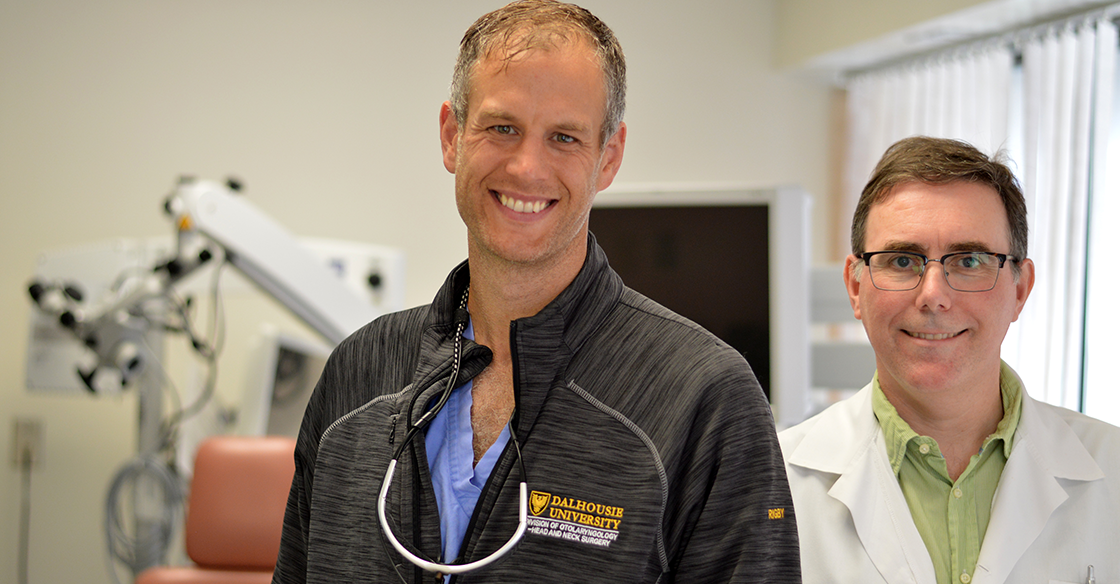 Dr. Matthew Rigby (left), QEII head and neck oncology surgeon, and Dr. Martin Bullock (right), QEII pathologist, are working to improve outcomes for throat cancer patients with the help of a QEII Foundation Translating Research Into Care grant. (QEII FOUNDATION)