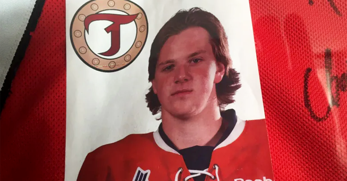 Portrait of young man (Jordan Boyd) wearing hockey uniform