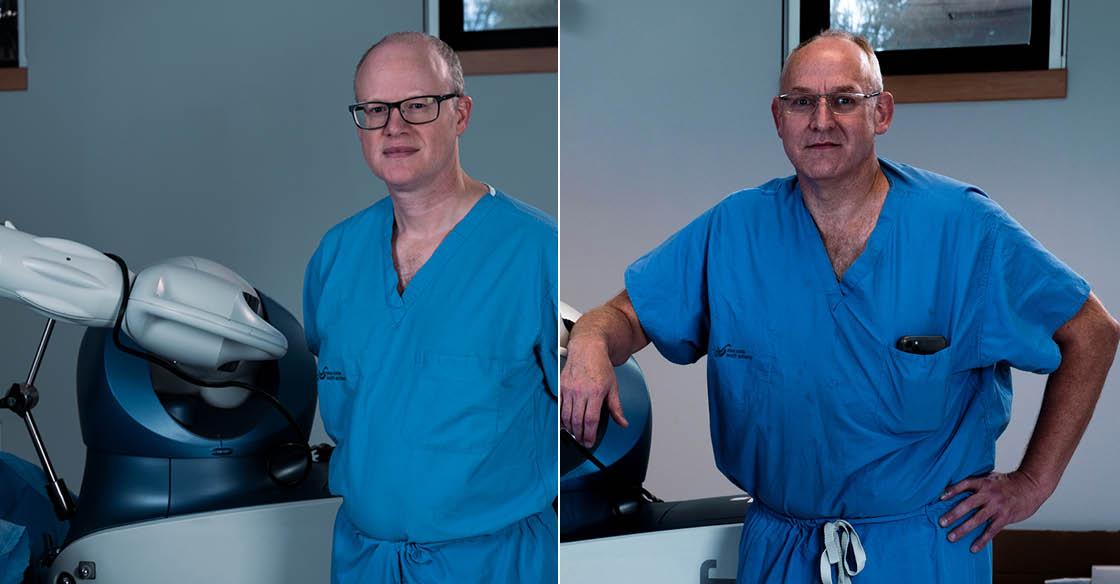 Collage of two photos featuring two orthopaedic surgeons, wearing blue scrubs and standing alongside a surgical robot