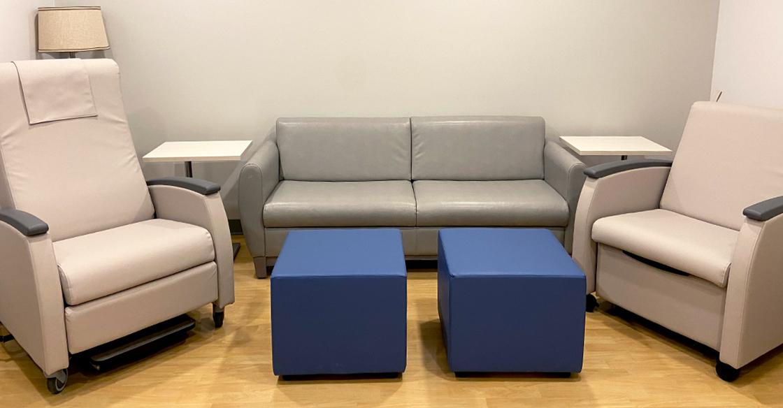 New beige and blue furniture in the IMCU family room 