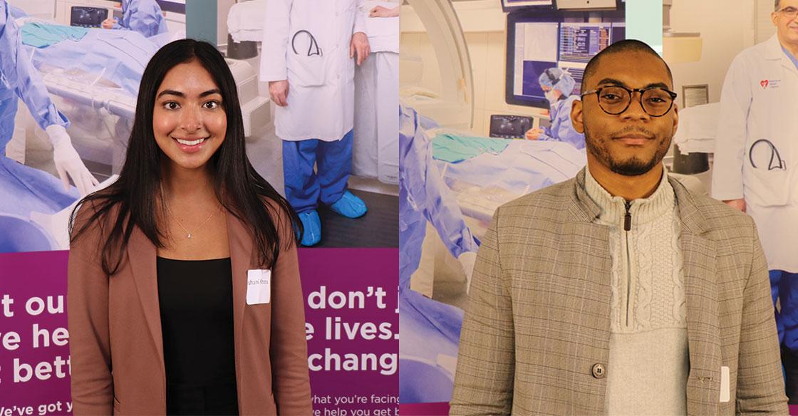 Collage of two students, each standing in front of a healthcare pop-banner