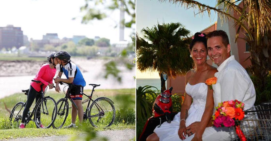 Two-photo collage featuring Jennifer and her husband, Darren. First photo is them cycling, sharing a kiss. The second photo is a wedding photo, showing them on their wedding day.