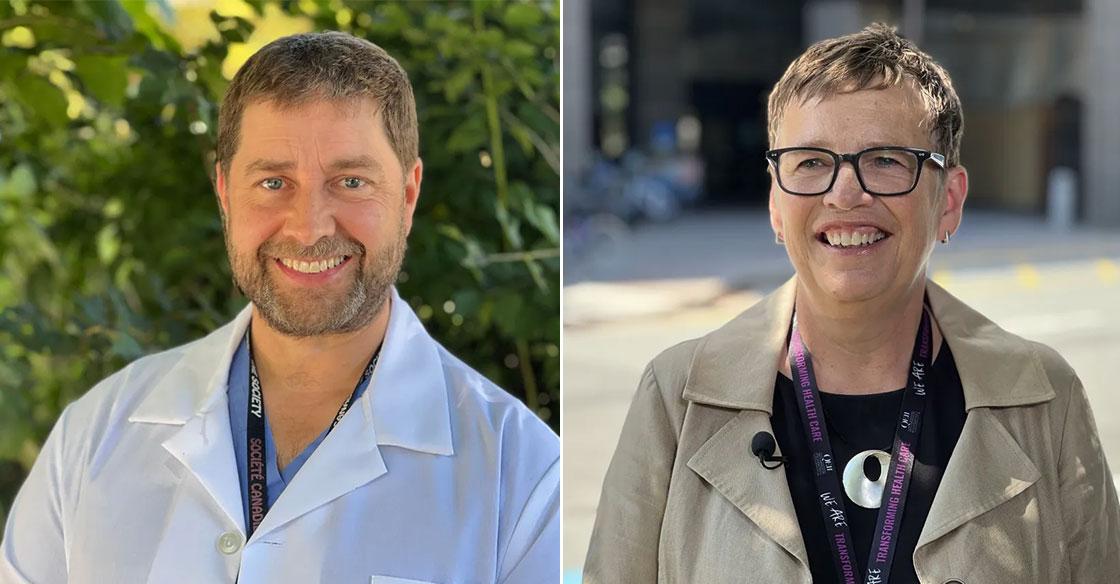 Collage of two images: Dr. Sean Christie, a surgeon wearing scrubs and a white lab coat; and Susan Mullin wearing a tan blazer and black shirt