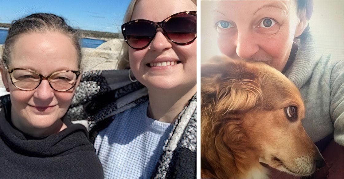 Collage of images, first shot is the patient standing next her daughter at Peggy's Cove; the second image she's posing with her golden dog