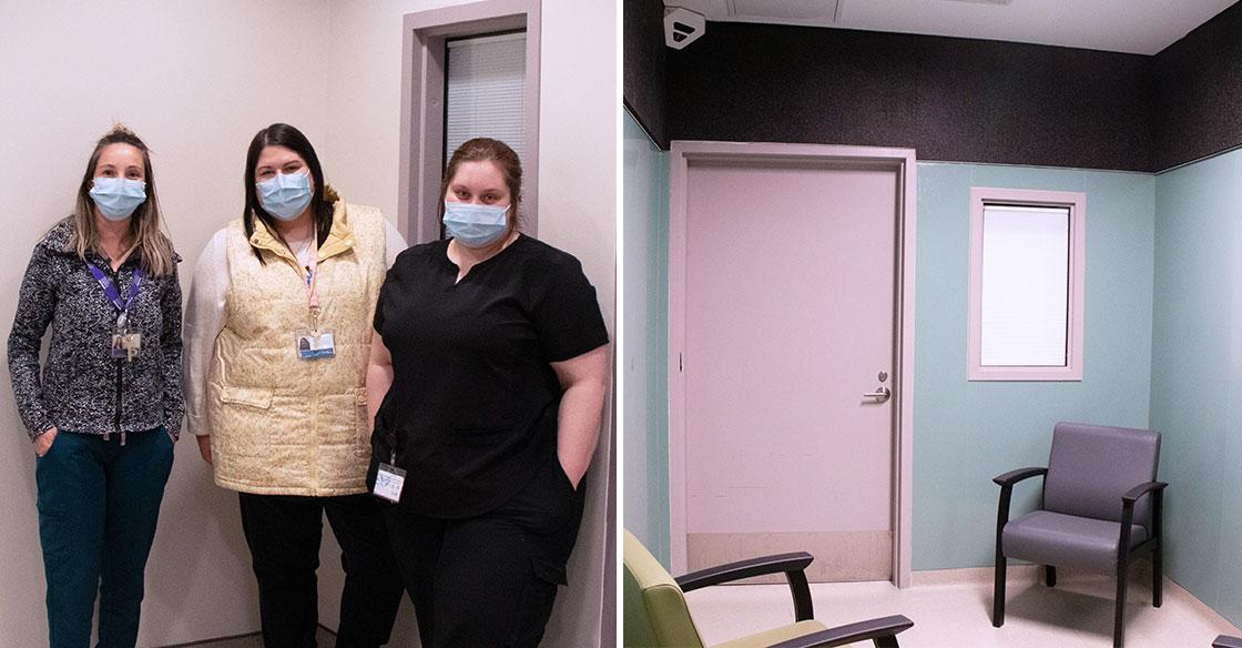 Collage of care providers standing in new suites; and an image showing a treatment room with bright colours and chairs