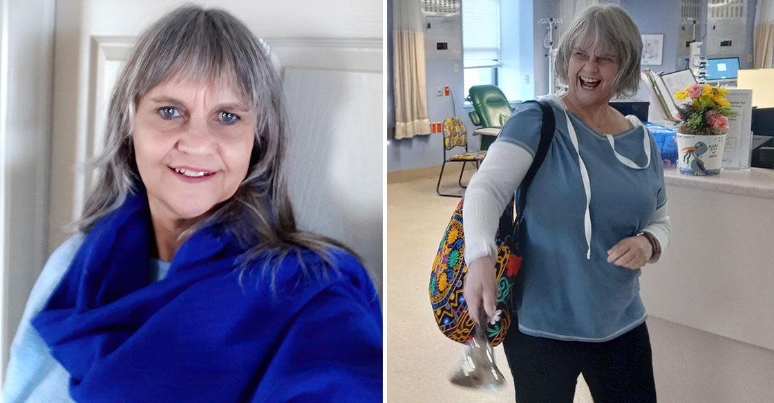 Collage of two photos of the same woman: one wearing a blue sweater, another ringing a bell within the QEII Cancer Centre