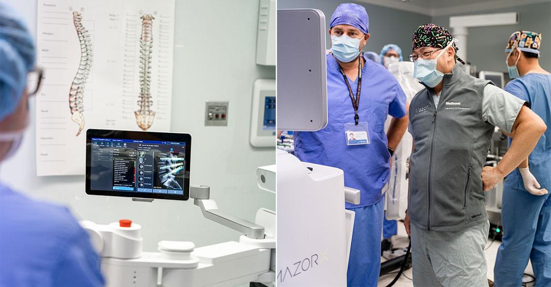 Teams pictured with the QEII's spinal robot technology in the operating room