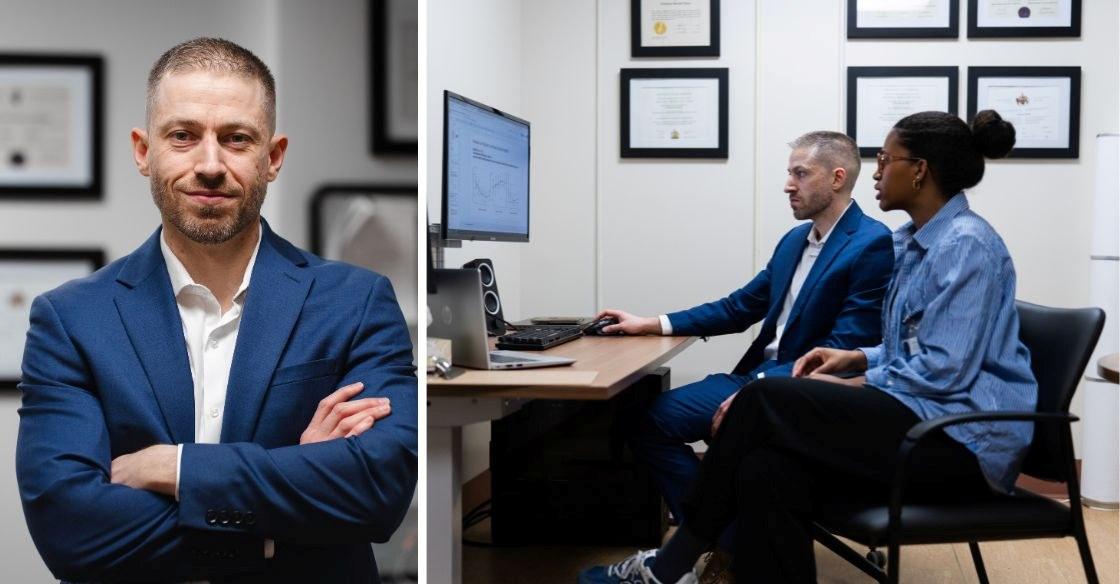 Two photos side by side. A man pictured left wearing a suit and smiling at the camera. In the second photo, the same man and a woman look at a computer in an office setting.