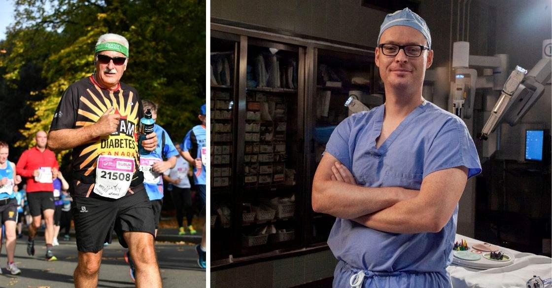 An image of two men in different settings: The man on the left is running a marathon and the one on the right is in an operating room wearing surgical scrubs.