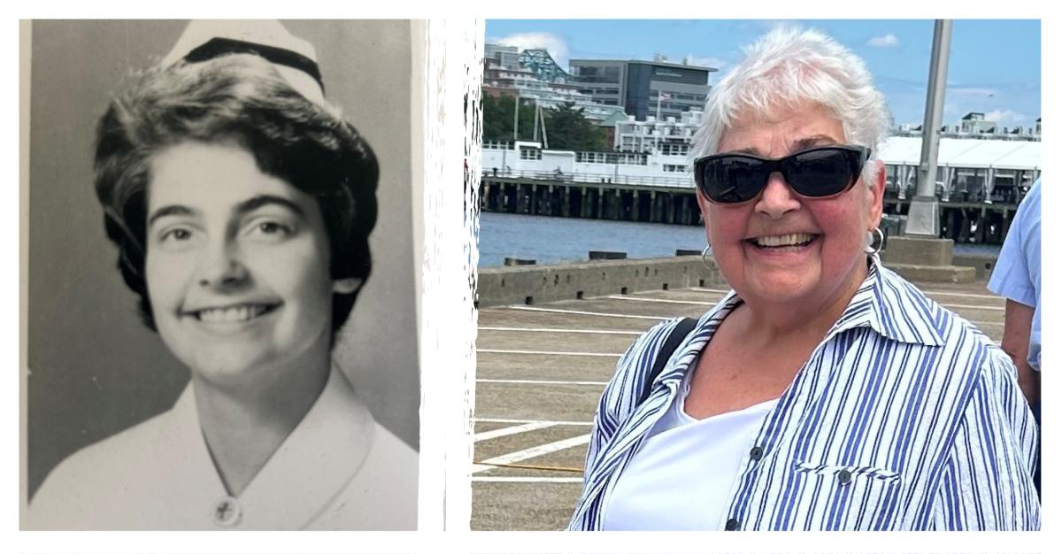 Evelyn's nursing grad photo (right) and Evelyn in 2024