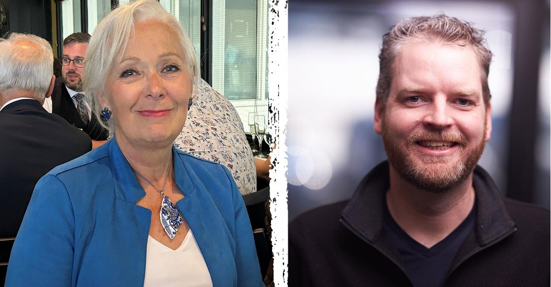 Two head shots, side by side of a woman on the left and a man on the right.