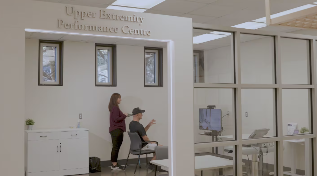 Pictured: Kris Johnston practices tasks to improve coordination and mobility using virtual reality technology in the QEII’s donor-funded Upper Extremity Performance Centre, following a stroke he suffered in winter 2025. 