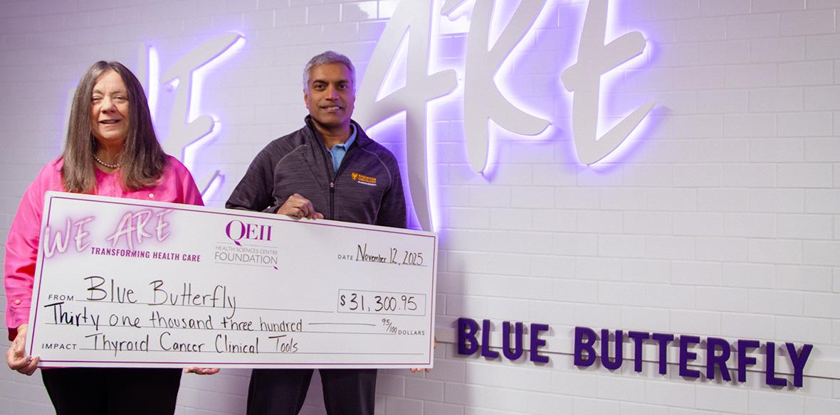 Pictured: Carol Dodds and Dr. Rajaraman present the Blue Butterfly Evening 2025 event total to the QEII Foundation, which raised over $31,300 to support thyroid cancer care in Nova Scotia.