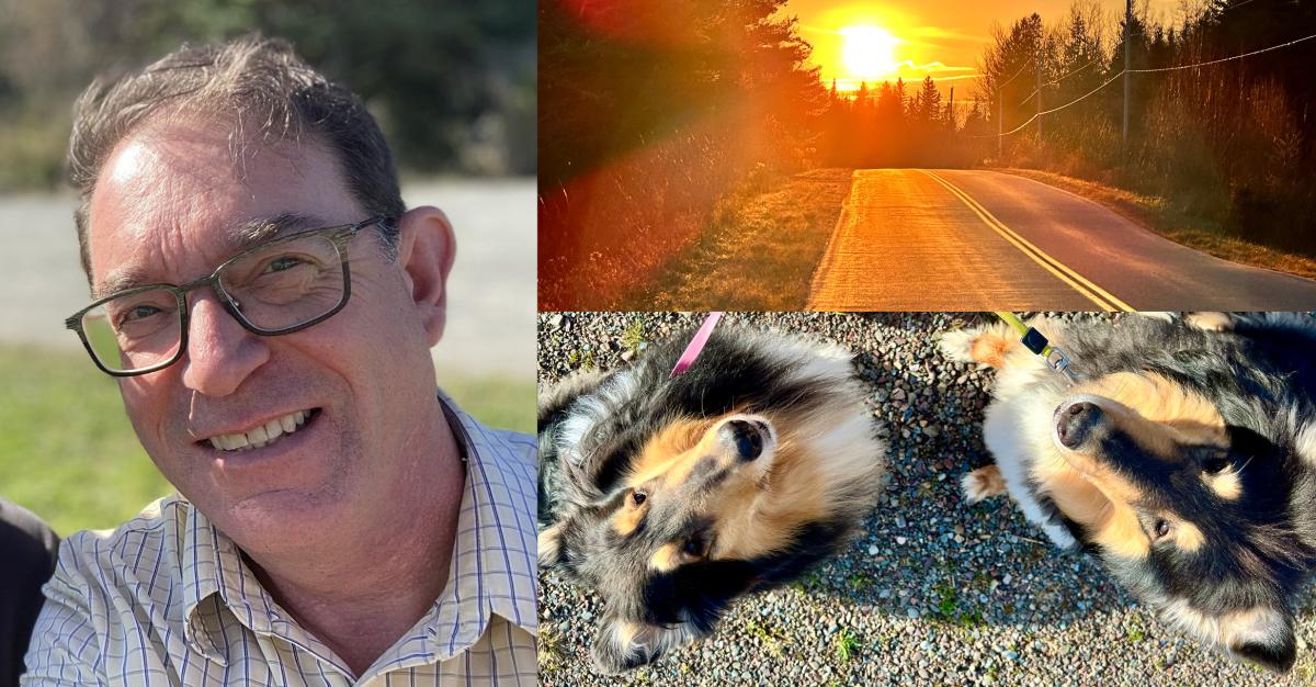 Carl Fraser from Stewiacke, Nova Scotia, his two rough collies and a view from Carl's daily morning walk. 