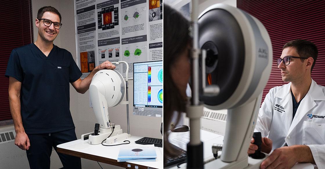 Collage of Dr. Pollman, pictured with Oculus Pentacam eye care technology