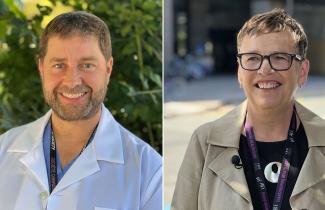 Collage of two images: Dr. Sean Christie, a surgeon wearing scrubs and a white lab coat; and Susan Mullin wearing a tan blazer and black shirt