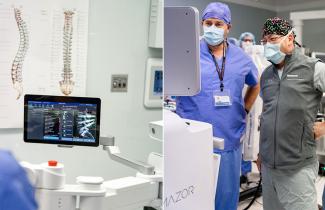 Teams pictured with the QEII's spinal robot technology in the operating room