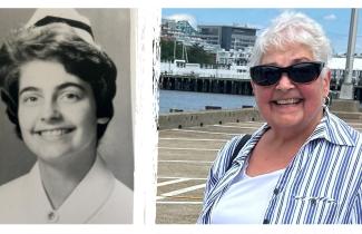 Evelyn's nursing grad photo (right) and Evelyn in 2024