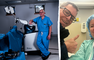 Left: Dr. Michael Dunbar stands with the donor-funded Mako SmartRobotics orthopaedic robot. Right: double-knee replacement patient Denise Smith with husband before surgery. 