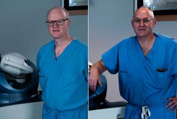 Collage of two photos featuring two orthopaedic surgeons, wearing blue scrubs and standing alongside a surgical robot