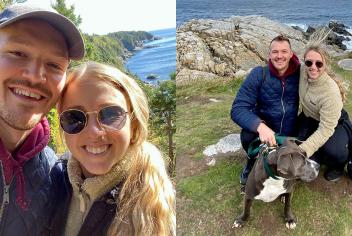 Collage of two images, both featuring a happy couple on a hike with the mountains and ocean behind them