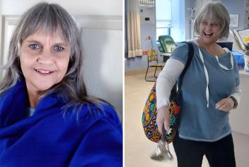 Collage of two photos of the same woman: one wearing a blue sweater, another ringing a bell within the QEII Cancer Centre