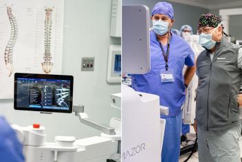 Teams pictured with the QEII's spinal robot technology in the operating room